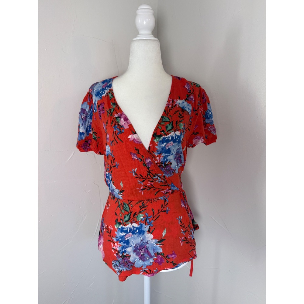 Mi Ami Francescas Coral Floral Wrap Peplum Blouse XS New